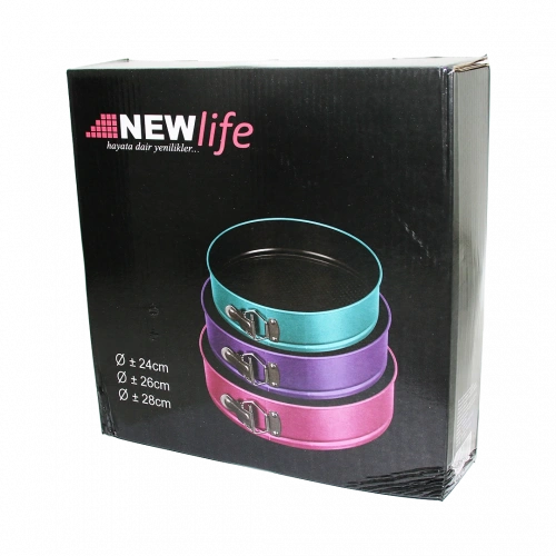 3 PARÇA  YUVARLAK - RENKLİ KELEPÇELİ METAL KEK KALIP 24-26-28CM (5365)