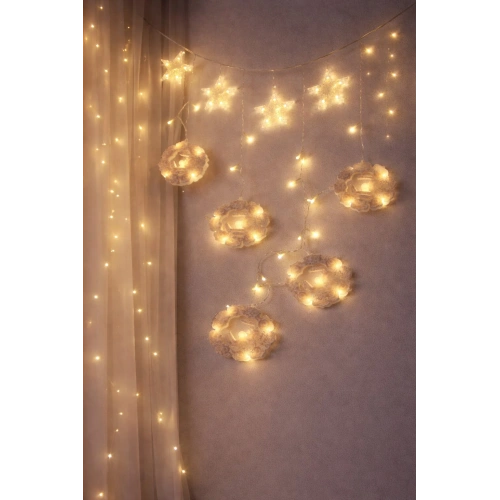 3MT FİŞLİ - EKLEMELİ RAMAZAN DEKOR LAMBA - PERDE LED SARI BEYAZ YUVARLAK CAMİ - YILDIZ EKL-09-04 (5365)