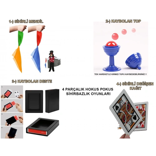 4&apos;lü Sihirbazlık Seti – Hokus Pokus Sihirli Numara Seti-KUPA-MENDİL-DESTE-İSKAMBİL (5365)