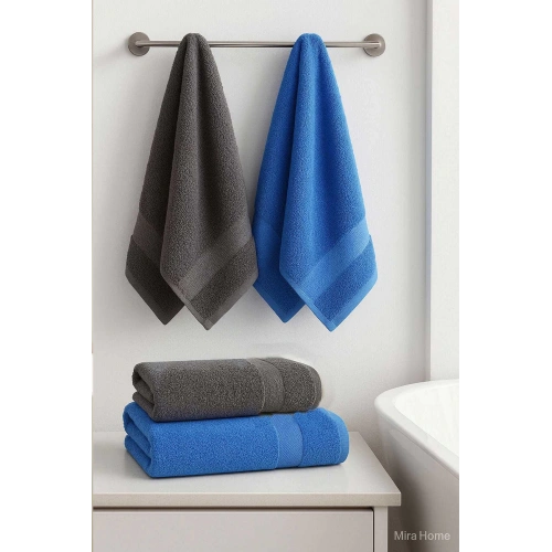 4 Parça Banyo Havlu Takımı %100 Pamuklu Dry Antrasit Mavi