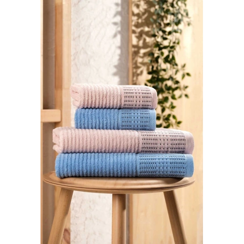 4 Parça Büyük Boy Banyo Havlu Takımı %100 Pamuklu Marena Mavi Pudra