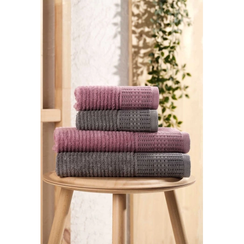 4 Piece Large Bath Towel Set 100% Cotton Marena Anthracite Purple