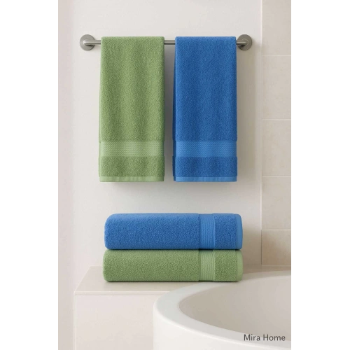 4 Parça Ekonomik Banyo Havlu Takımı %100 Pamuklu Quickdry Mavi Yeşil