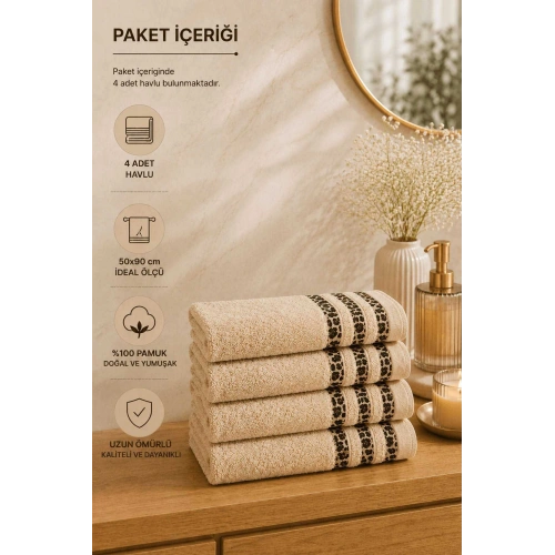 4lü El Yüz Havlusu Seti %100 Pamuk 50x90 cm Savana Kum Beji