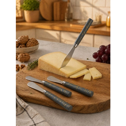 5 PARÇA  UZUN KAHVALTI BIÇAK - GRİ MERMER DESEN SAPLI 16.5 cm (5365)