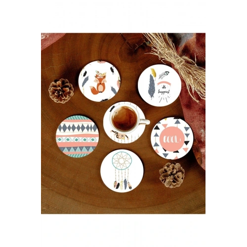 6 Adet Desenli Mdf Bardak Altlığı