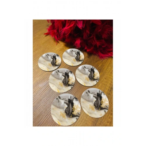 6 Parça Siyah Gold Mermer Ahşap Bardak Altlığı