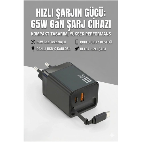 65W Süper Hızlı Şarj Cihazı | Dahili Type-C Kablo | USB-C & USB-A Çıkış | Çoklu Cihaz Desteği