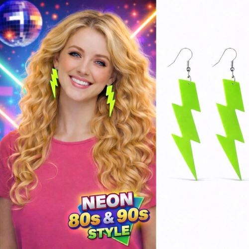 80’ler 90lar Retro Neon Yeşil Şimşek Küpe 10 cm