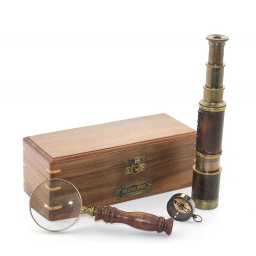 Деревянный ящик Латунный компас, бинокль, лупа, Комплект модель 2