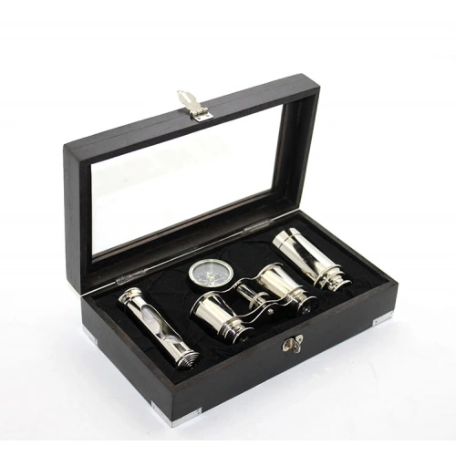 Деревянный комплект Лупа из латуни с компасом и песочные часы