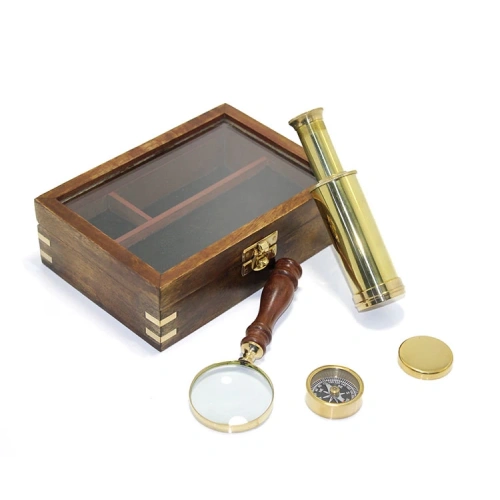 Wooden Box Brass Compass Monocular And Magnifying Glass Set