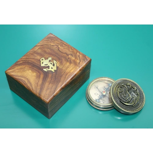 Wooden Boxed Brass Compass Dragon Pattern