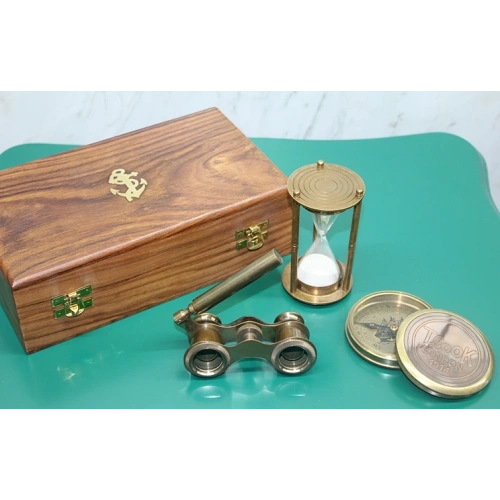 Ahşap Kutulu Pirinç Pusula, Kum Saati, Dürbün Seti