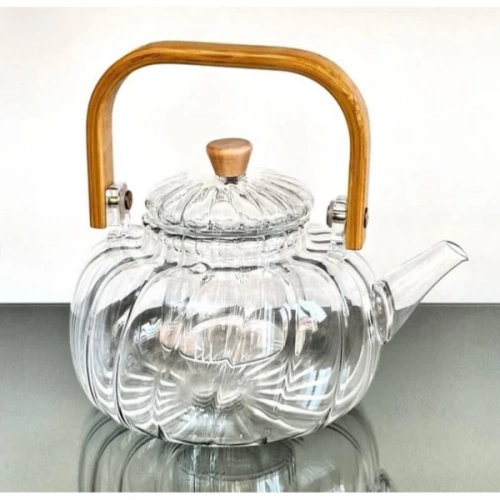 Wooden Handled Glass Striped Teapot