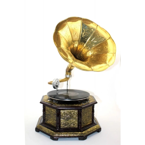 Wooden Octagonal Gramophone Record Player with Metal Coating