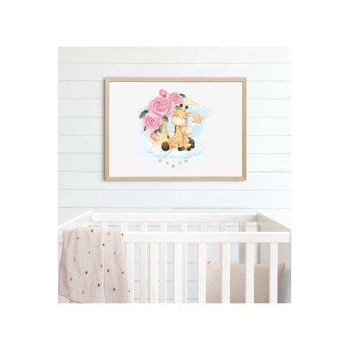 Ahşap Zürafa Baskılı Bebek Odası Çerçeveli Tablo - Naturel 35 x 50