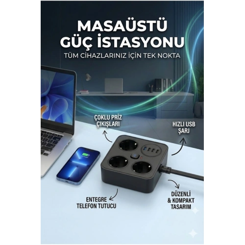 AKIM KORUMALI Avrupa Soket Kartı Tip-C Usb 2 m Uzatma Kablosu Emniyet Anahtarı ile