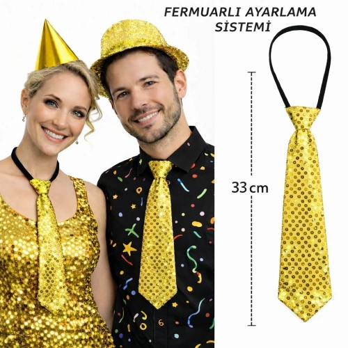Altın Renk Pul Payetli Işıltılı Parti Kravatı 33 cm (5365)