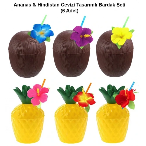 Ananas &amp;amp; Hindistan Cevizi Tasarımlı Pipetli Bardak Seti (6 Adet) (5365)