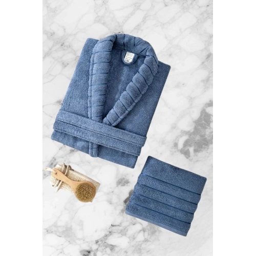 AquaLoom Lux Mens Bathrobe and Towel Set %100 Cotton Blue