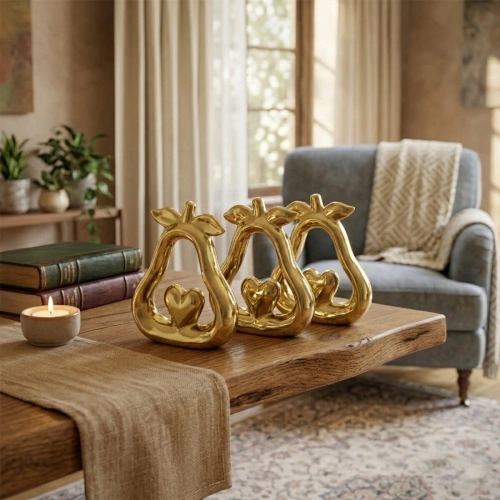 Pear and Heart Design Ornament - Large Size - Ceramic - Glossy Gold