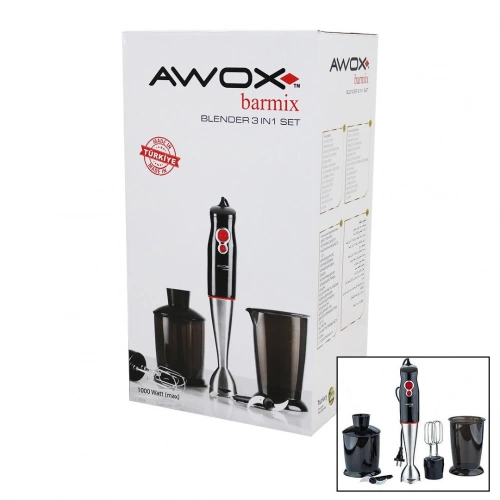 AWOX BARMİX  3İN1  BLENDER SETİ  ÇELİK 2Lİ MİKSER   ÇELİK RONDO BIÇAK   ÇELİK 4 KANATLI BIÇAK   1000W (5365)