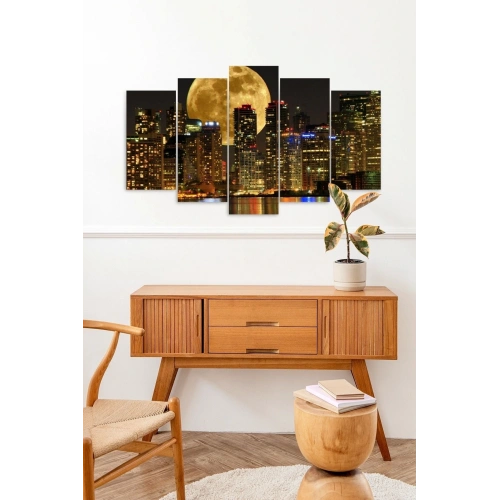 Ay ve Şehir Manzarası 5 Parçalı Mdf Tablo 60 x 100