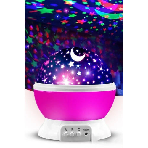 Ay ve Yıldızlı Gökyüzü Yansıtmalı Dönen Projeksiyon Gece Lambası- Çocuk Bebek Odası Pembe