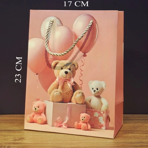 Ayıcık Desenli Pembe Küçük Boy Karton Hediye Çantası