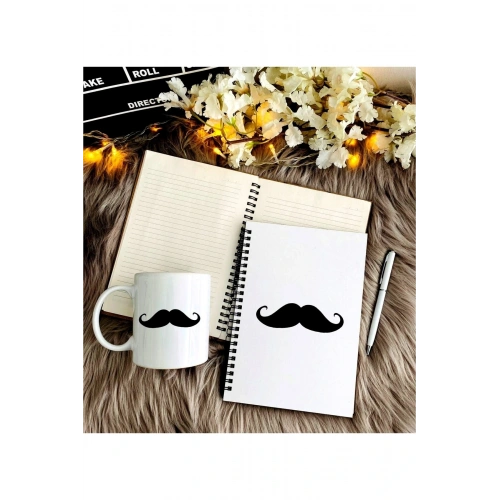 Babalar Günü Için Bıyık Baskılı Defter, Kalem Ve Kupa Seti