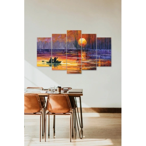 Batan Güneş ve Kayık 5 Parçalı Mdf Tablo 60 x 100