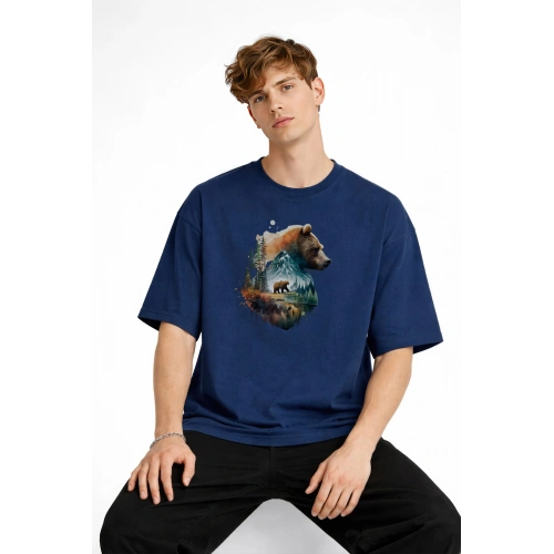 Bear2 - Oversize Tişört Koyu Mavi