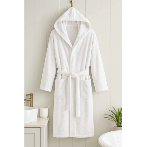 Beyaz Gramajlı Kapşonlu Garson Boy Çocuk Banyo Bornozu