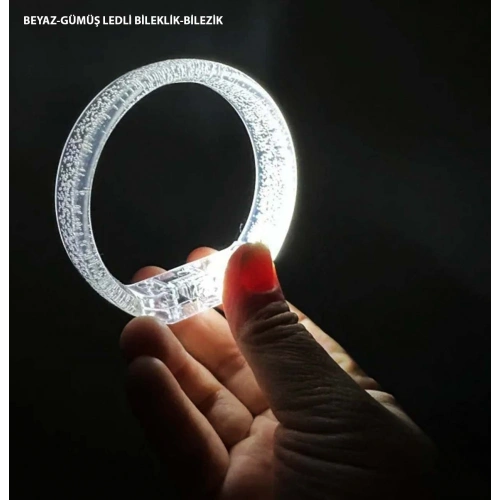 Beyaz-Gümüş Led Işıklı Baskı Yapılabilen Pilli Bileklik Bilezik