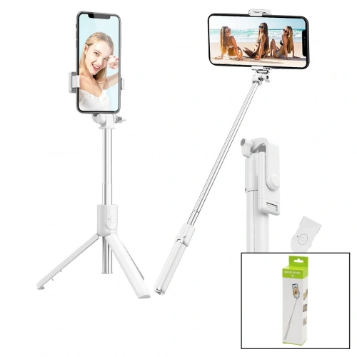 BEYAZ  SELFİ ÇUBUK - TRİPOD AYAKLI  57CM UZAYAN-KISALAN SAPLI + 10CM =67CM (5365)