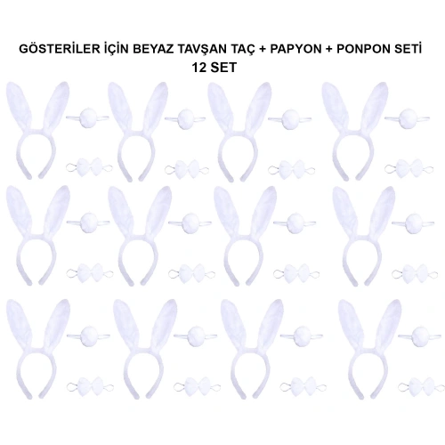 Beyaz Tavşan Kostüm Seti – Taç, Papyon, Kuyruk (12’li Paket) (5365)