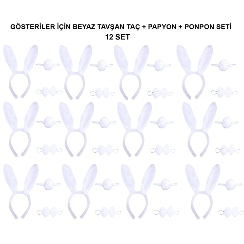 Beyaz Tavşan Kostüm Seti – Taç, Papyon, Kuyruk (12’li Paket) (5365)