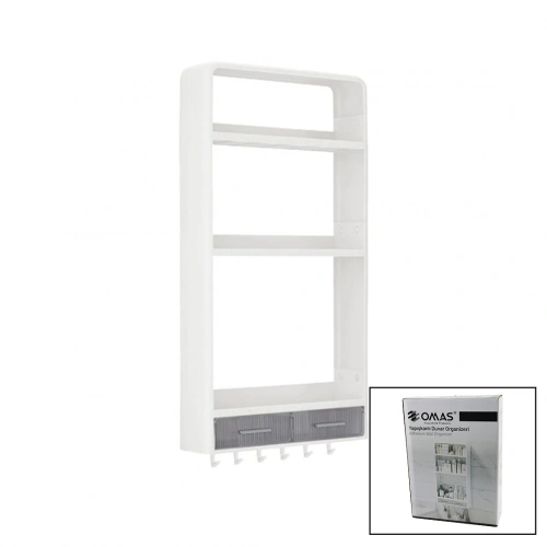BEYAZ YAPIŞKANLI DUVAR ORGANİZERİ PLASTİK 3 RAF=14CM-19CM-30CM - 2 ÇEKMECE=40CM - 6 ASKI 19 PARÇA (5365)