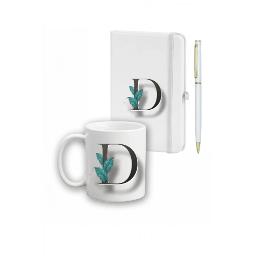 Beyaz Yaprak Desenli  Ajanda Kupa ve Kalem Seti