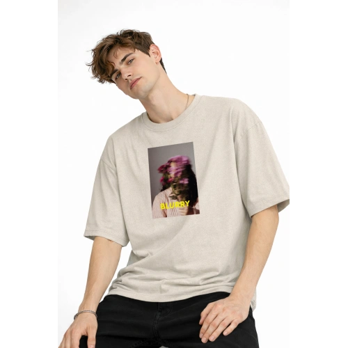 Blurry - Oversize Erkek Tişört BEJ