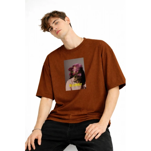 Blurry - Oversize Erkek Tişört KAHVE