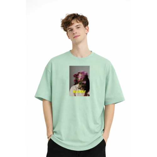 Blurry - Oversize Erkek Tişört SU YESILI