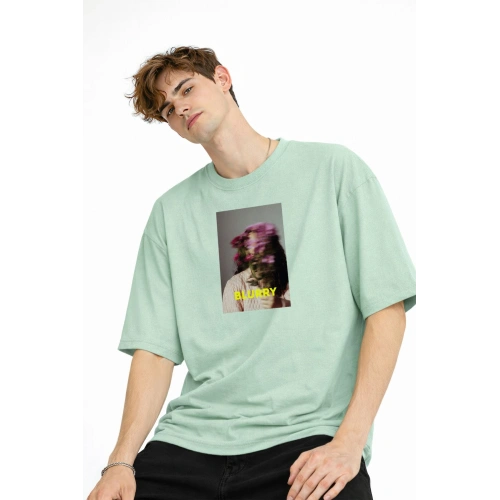 Blurry - Oversize Erkek Tişört SU YESILI