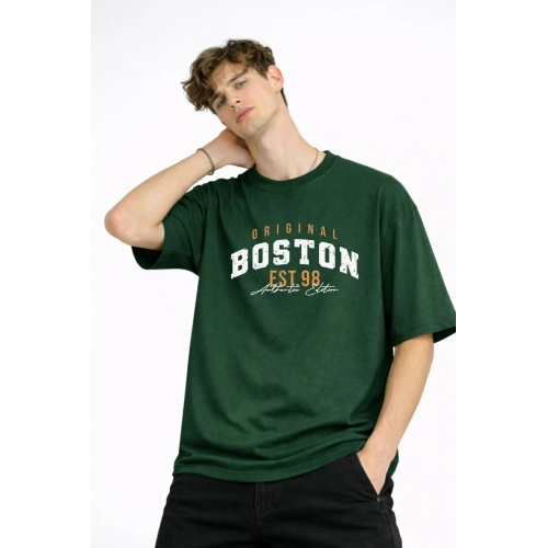 Boston - Baskılı Oversize Tişört HAKI
