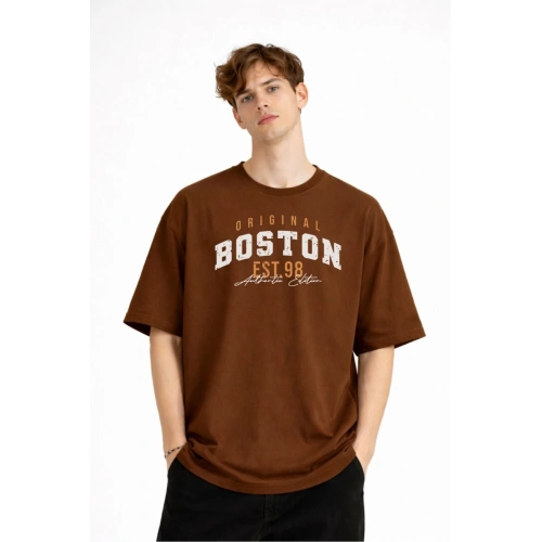 Boston - Baskılı Oversize Tişört KAHVE