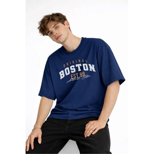 Boston - Baskılı Oversize Tişört LACIVERT