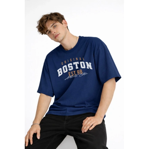 Boston - Baskılı Oversize Tişört LACIVERT
