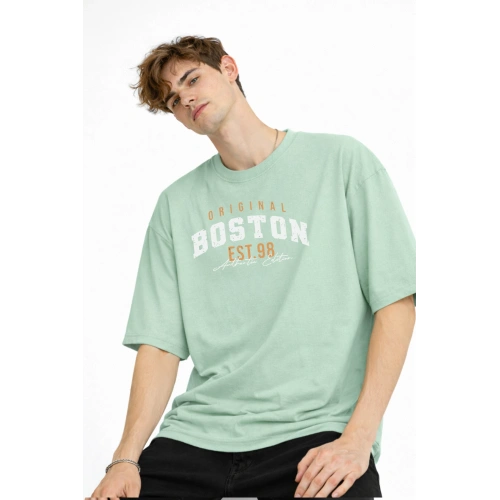 Boston - Baskılı Oversize Tişört SU YESILI