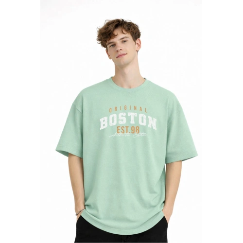 Boston - Baskılı Oversize Tişört SU YESILI